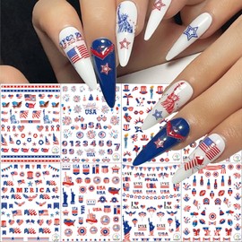 8 Sheets July 4th Nail Art Stickers Independence Day American Flag 3D Self-Adhesive Patriotic Eagle Star Memorial Day Nail Supplies Women DIY Nail Decorations