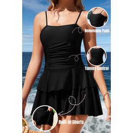 HomeTzaryn Women V Back One Piece Swimming Suits Tummy Control Swim Dress with Skirt Built-in Shorts Detachable Pads Swimwear Black