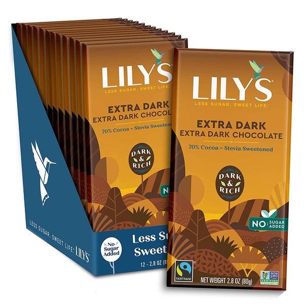 Extra Dark Chocolate Bar by Lily's | Stevia Sweetened, No Added Sugar, Low-Carb, Keto Friendly | 70% Cocoa | Fair Trade, Gluten-Free & Non-GMO | 3 ounce, 12-Pack