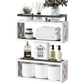 RICHER HOUSE Floating Shelves with Guardrail, Rustic Wood Shelves for Wall Décor, Farmhouse Bathroom Accessories Wall Mounted, Bathroom Wall Organizer over Toilet Storage, Kitchen, Living Room - White