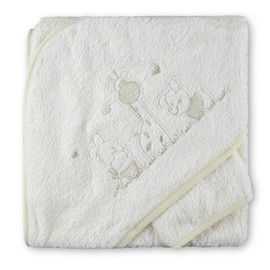 Pekitas Bebe Hooded Hooded Bath Towel and Wash Mitt 75 x 75 cm 100% Cotton, Embroidered Detail, Made in Portugal beige