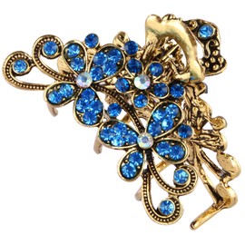 CROWN GUIDE Vintage Rhinestone Hair Claw Crystal Jaw Clips,Metal Alloy Fancy Hair Barrette Decorative Flowers Hair Clasps Accessories for Women Thick Hair Blue