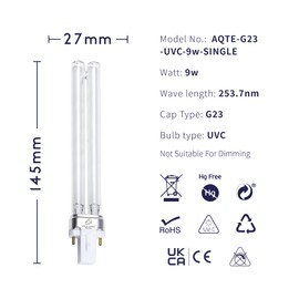 Aqua-Terra Lighting 9W Pond Filter bulbs 2 PACK – UVC ultra violet bulbs for Filters & Clarifiers – Germicidal G23 2pin PLS lamp base for replacing UV bulbs in garden pond filters