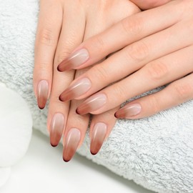 AFGHOUZ Pink Gradient Red French Tip Artificial Press on Nails Medium Oval, Full Cover Glue on Nails for Women, 10 Pcs Reusable, Suitable for Many Occasions