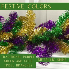 Factory Direct Craft Mardi Gras Metallic Tinsel Mantel Garland Runner - Festive Decor for Fat Tuesday and Carnival Parties (9 Feet Long)