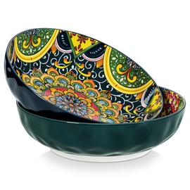 vancasso Large Serving Bowls, 78 Oz Extra Large Salad Bowls Set of 2, Bohemian Decorative Bowls for Salad, Fruit, Pasta and Dinner, Serving Dishes Set for Party, Dishwasher & Microwave Safe－Green