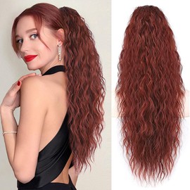 PORSMEER Ponytail Hairpiece Long 76 cm with Drawstring Wavy Curls Ponytail Extension Red Brown Natural Clip-In Hairpiece Ponytail Synthetic Hair Braid for Women Afro Braid Hair Extensions