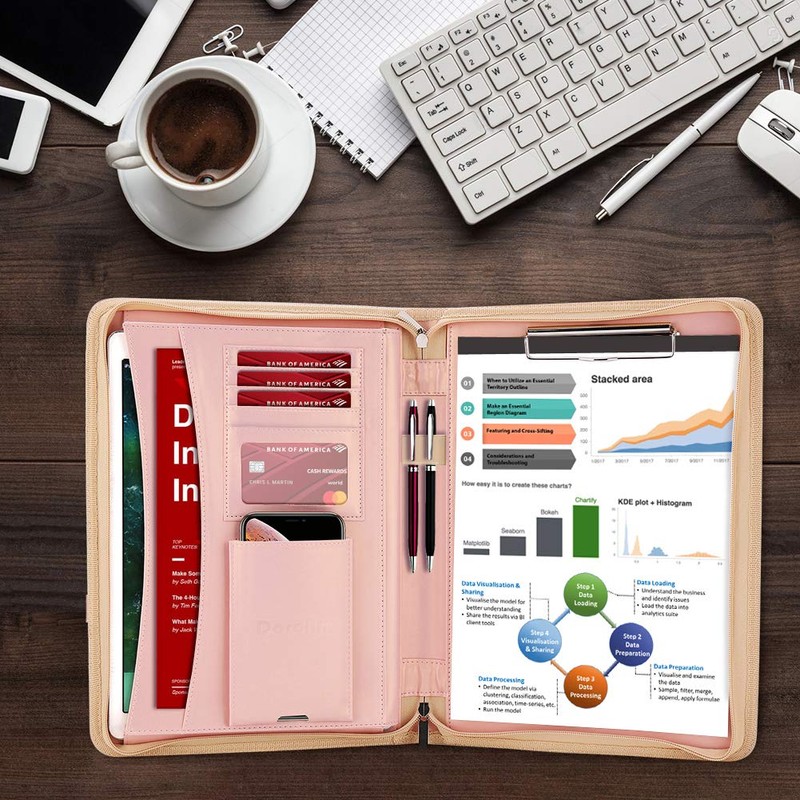 Darolin Zippered Leather Padfolio Portfolio with [Hidden Handle] and [Clipboard],
