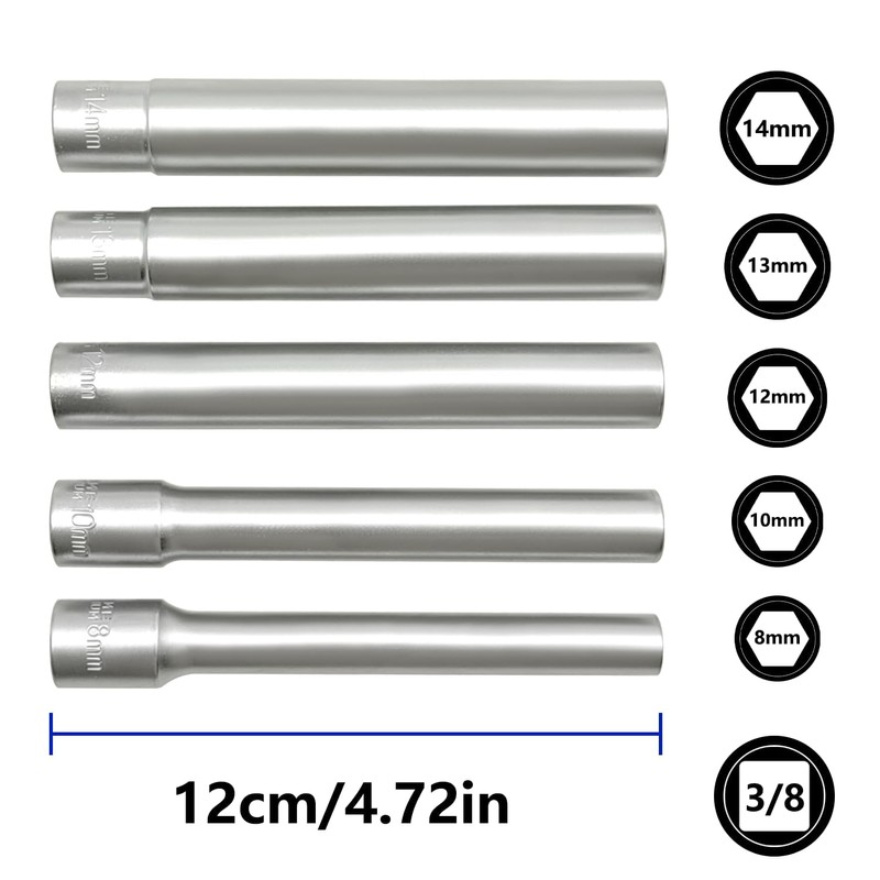 ZKTOOL 5PCS 3/8" Deep Drive Socket Set, Hexagon Socket, 8MM