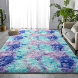 Deerhoo Shag Area Rug, 4 X 6 Tie-Dyed Plush Fuzzy Rugs for Living Room, Ultra Soft Fluffy Furry Rugs for Bedroom, Indoor Carpet Nursery Rugs for Kids Room Home Decor, Rainbow