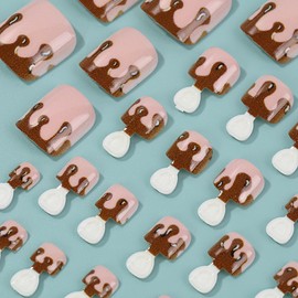 Press on Toes Nails Tips Brown French Tips Short Fake Toenails Chocolate Design Glossy Full Cover Glue on Acrylic False Toenails for Women 24Pcs