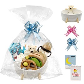 Daily Treasures Bear Empty Woven Basket -Hamper Baskets with Cellophane Bag,Pull Bows & Cards,Cute Cotton Rope Storage Organizer,Birthday Presents,(30x21CM,White Cotton Rope)