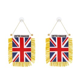 Rotenl 2 Pack UK Britain Window Small Mini Hanging Flag, 3 X 5 Inch British Car Flag Banner with Golden Fringy Tassel and Suction Cup, Wall, Door and Rearview Mirror Decor (UK)