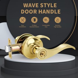 Gaurqiah Wave Style Entry Door Handle with Keys, Keyed Door Lever with Lock for Front/Entrance in Polished Brass Finish, Reversible Door Lever for Left/Right Doors