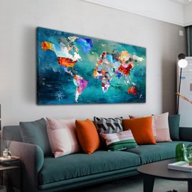 ZHAOSHOP World Map Canvas Wall Art for Living Room - Teal Wall Decor - Office Artwork Wall Decor Ready to Hang Size 29" x 59"