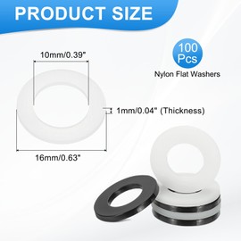 MECCANIXITY Nylon Flat Washers, M10 x 10mm ID x 16mm OD Round Flat Plain Washer Plastic Gasket Fastener for Household Faucet Pipe Water Hose, White, Pack of 100