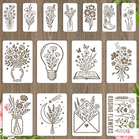 beinkmake 15Pcs Flower Bouquet Stencil PET Painting Templates Moon Inlay Border Stencils for Furniture Reusable DIY Craft for Wall Wood Fabric Canvas Paper Decor 11.7inch, 7.87inch