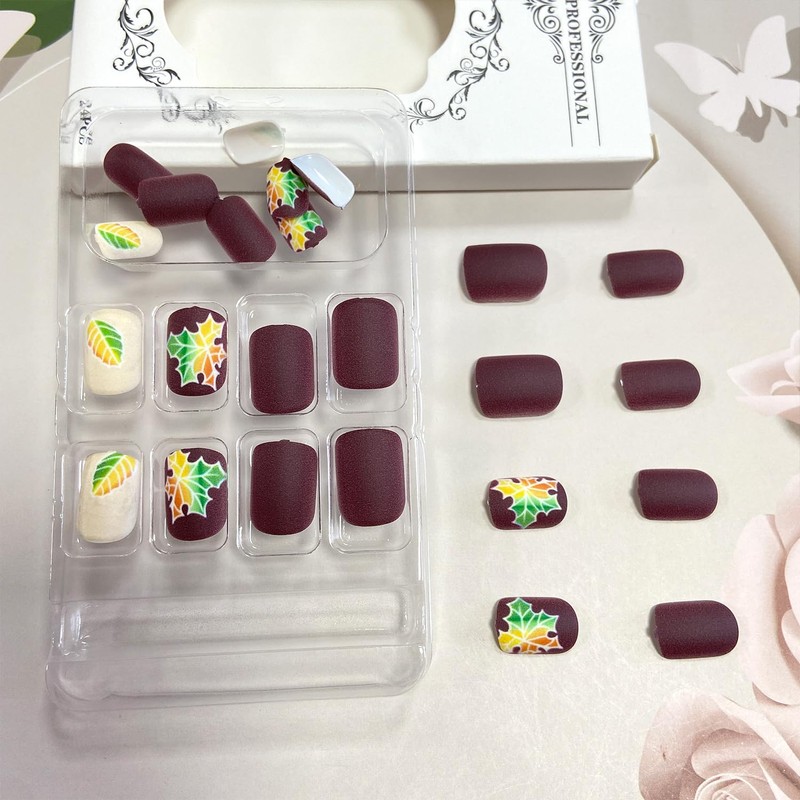 Vopintpy Fall Press on Nails Short Square Thanksgiving Fake Nails