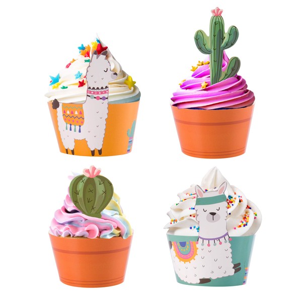 Juego de 24 adornos para cupcakes de cactus y envoltorios para cupcakes