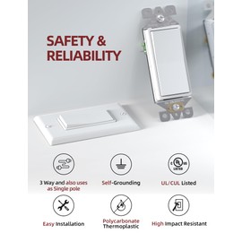 AIDA 3 Way Decorative Light Switch, 15Amp, 120/277 Volt, AC Decorator Rocker Paddle Wall Switch Replacement, UL Listed - Residential and Commercial Grade (20 Pack,Glossy White)