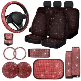 Jusen 17 Pack Bling Car Seat Covers Set Car Diamond Accessories Rhinestone Crystal Steering Wheel Cover, Bling Velvet Breathable Glitter Center Console Pad Universal Car Interio(Full Set/Red)