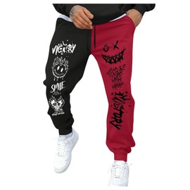 SHENHE Men's Color Block Graphic Sweatpants Drawstring Gym Joggers Pants with Pockets Black and Red Large