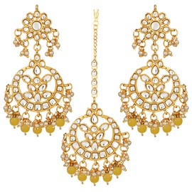 Aheli Exquisite Design Faux Kundan Chandbali Earrings Maang Tikka Set Ethnic Indian Jewelry Gift for Women