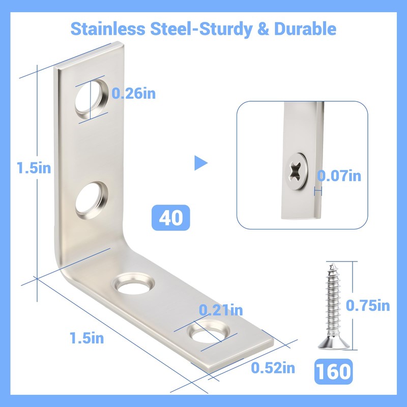 WellMade 1-1/2 " Stainless Steel L Brackets - 40 Pack