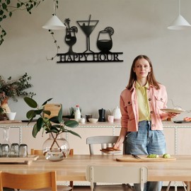 Metal Wine Cups Bar Signs Wall Hang Happy Hour Words Black Bar Accessories Set Wine Plaque for Home Vintage Drinks Sign Drink Sign Plaques for Open Pub 13.78"x10"