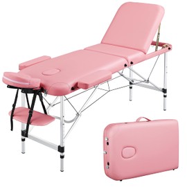 Topeakmart Portable Massage Table Aluminum Spa Bed Therapy Table Height Adjustable Salon Bed 84 Inch 3 Fold, Pink