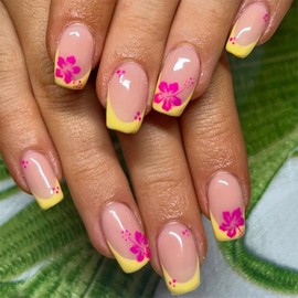 Flower Press on Nails Short Square Fake Nails Yellow French Tip False Nails Glossy Full Cover Acrylic Nails Summer Floral Glue on Nails Cute Artificial Stick on Nails for Women Manicure 24 Pcs