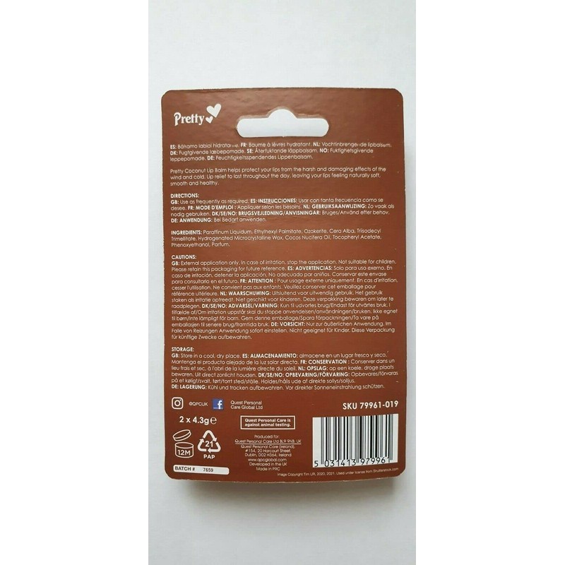 2 x Coconut Moisturising Lip Balm Tubes by Pretty -