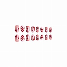 BABALAL False Nails, 24Pcs Almond Press on Nails Set, Red Heart Design, Glossy Acrylic Glue on Nails for Women