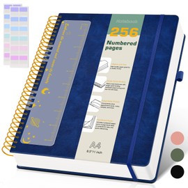 A4 Spiral Notebook Journal 8.5” x 11”, 256 Numbered Pages Hardcover Leather Journals for Women Men, Large Lined College Ruled Notebooks, 100GSM Thick Paper, Spiral Bound Journal for Work School, Navy