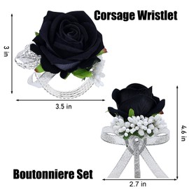 Vkkperp 2Pcs Rose Black Corsage and Boutonniere Set, Artificial Wrist Corsage Wristlet Bracelets, Men Boutonniere for Wedding Anniversary Party Homecoming Flowers Accessories Prom Decor