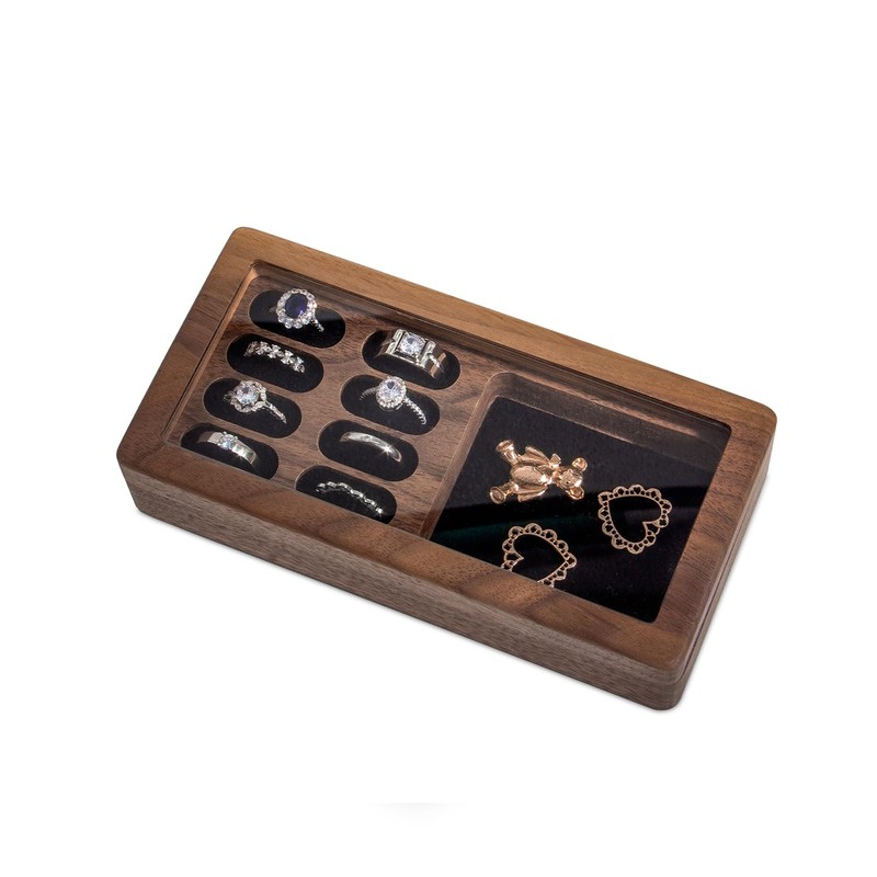 Luxury Solid Walnut Wood Ring Box with Glass Window -