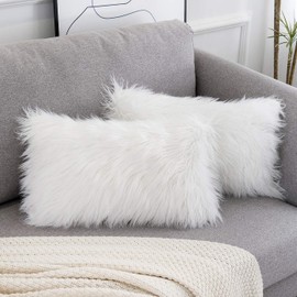 WLNUI Set of 2 White Decorative Lumbar Fluffy Pillow Covers New Luxury Series Merino Style Faux Fur Throw Pillow Covers Fuzzy Cushion Case 12x20 Inch