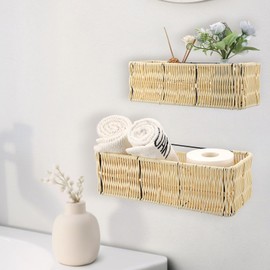 Sumnacon Set of 2 Hanging Baskets for Bathroom, Wall Mounted Baskets for Organizing, Sturdy Plastic Woven Storage Bins, Farmhouse Rattan Wall Basket for Toilet Tank, Shelf, Cabinet, Kitchen Counter