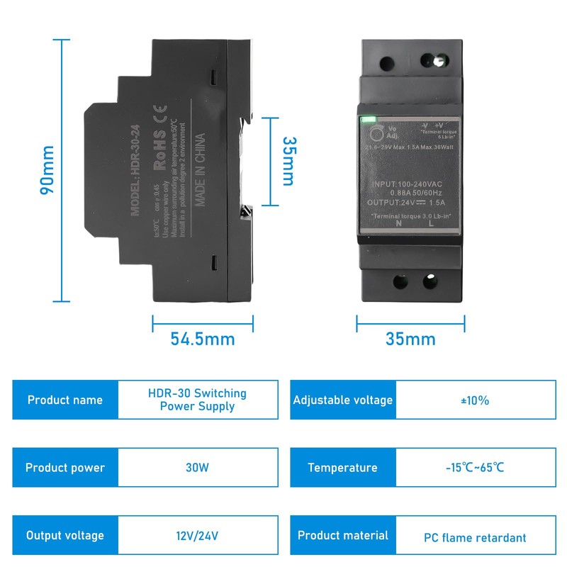 Vaileal DIN Rail Power Supply 24 V: 24 VDC 30