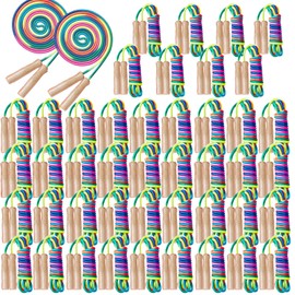 PullCrease 48 Pcs 8.53 ft Adjustable Jump Rope for Kids Rainbow Cotton Jump Rope Bulk Kids Skipping Rope with Wooden Handles Toddler Jumping Rope for Boys Girls Students Preschooler Outdoor Exercise
