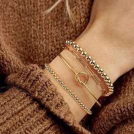 MWTOWM 14K Gold Plated Bangle Cuff Bracelet Set for Women Bracelet Thin Dainty Stackable Adjustable Tennis Beaded Paperclip Cuban Link Chain Bracelets Jewelry Fashion Accessories Gifts for Womens