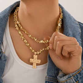 JAVARNV Cross Necklace for Men Chunky Cross Necklace Boho Cross Necklace Layered Cross Beaded Pendant Necklace Christian Gifts for Women Faith Jewelry