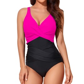 Smismivo Tummy Control Swimsuits for Women Slimming One Piece Bathing Suit Modest Padded Ruched Push Long Torso Curvy Shapewear V Neck Criss Cross Swimming Full Coverage Swimwear (Hot Pink)