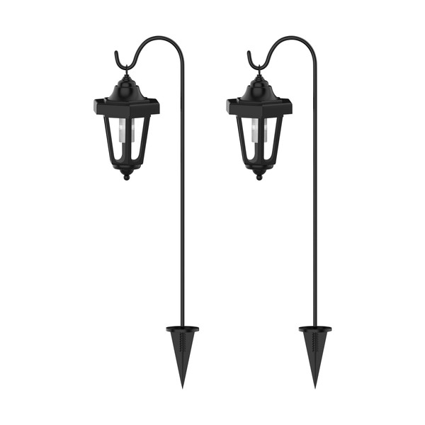 Pure Garden 50-123 Solar Powered Set of 2, 32” Hanging Coach Lanterns with 2 Shepherd Hooks-LED Outdoor Lighting for Gardens, Pathways, and Patio, Black