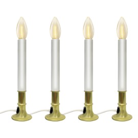 4 Pack Electric Christmas Window Candle Lamp, Gold Brass Plated Base Candle Lights with C26 LED Bulbs, Dusk-to-Dawn Auto Sensor, 5 Foot White Cord Plug in Ready to Use!