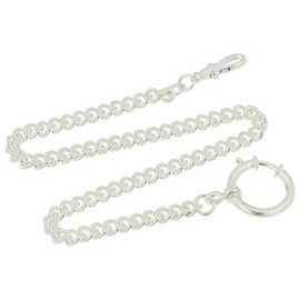 Pocket Watch Chain Genuine 925 Silver for Pocket Watches, 30 cm Long Flat Curb 5 mm with Spring Ring and Rotating Carabiner, Vintage