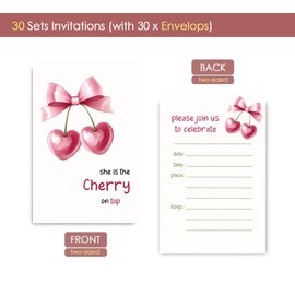 VAVINCI Cherry Birthday lnvitation for Girls, She ls The Cherry on Top Pink Bow Birthday Invites, 30 Sets with Envelopes