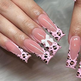 SINHOT Square Press on Nails Long Fake Nails Glossy Glue on Nails Leopard Print Acrylic Nails Pink Squoval Artificial Nails 3D Bowknot Stick on False Nails with Design 24 pcs