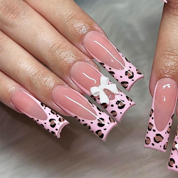 SINHOT Square Press on Nails Long Fake Nails Glossy Glue