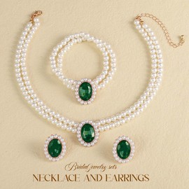 Reaky Pearl Necklaces Layered Rhinestone Necklace 3 Pcs Crystal Neckalces for Women (Green)